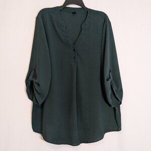 SHEIN Hunter Green Chiffon Pullover Henley Roll-Tab Sleeve Tunic Top; Size 3XL